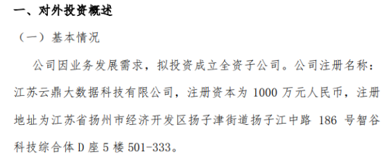 鼎集智能投資千萬成立江蘇云鼎大數據科技，布局第一類增值電信業務